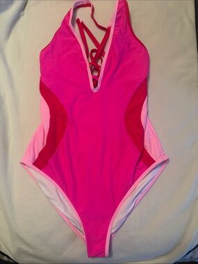 Pink One-Piece V-Neck Swim Suit with Colorblock Side Panels